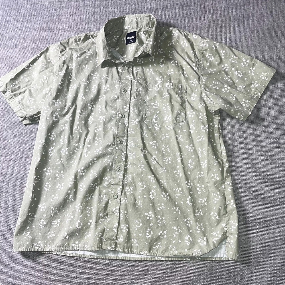 RSQ Shirt Mens Large Olive Green Floral Print Back Box Side Slit Button Up Beach